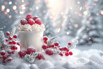 Festive berry topped mini cakes set on a white table against a snowy background, capturing a charming holiday dessert scene