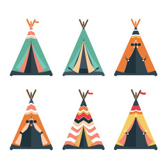 Six colorful teepees arranged two rows featuring different designs decorations. Teepees geometric patterns, cultural symbols, styled variety hues. Flat design illustration native tents commonly used © Vectorvstocker