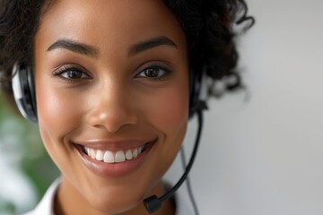 Customer service representative is smiling while wearing a headset in a call center. She has beautiful white teeth and friendly eyes