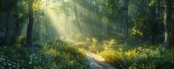 Fototapeta premium Sunlit path through a dense forest