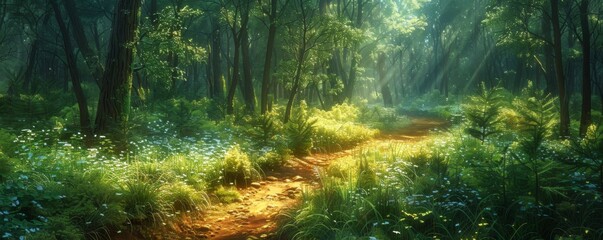 Fototapeta premium Sunlit path through a lush forest