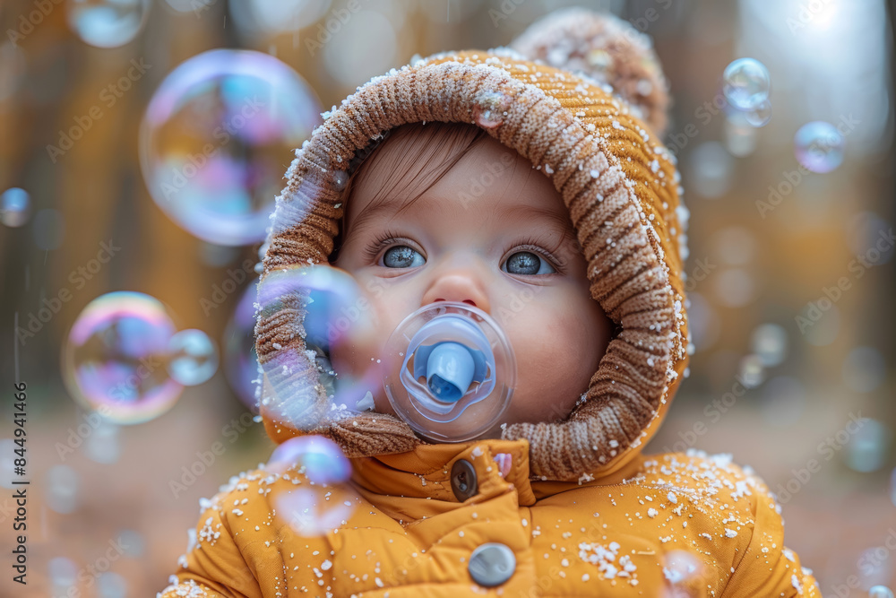 Poster a parent blowing bubbles for their baby to chase and pop. concept of sensory play and visual stimula