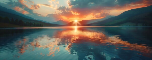 Fototapeta premium Sunset reflections on a calm, glassy lake