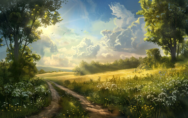 Summer watercolored landscapes on a sunny day