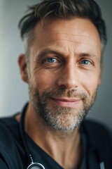 Obraz premium Smiling doctor in scrubs and a white coat exudes confidence and happiness, radiating positivity and expertise in healthcare. Ideal for illustrating a healthy lifestyle