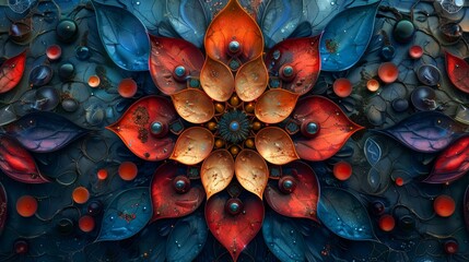 Beautiful symmetrical floral pattern with red and blue leaves is forming a mandala shape, 3d illustration