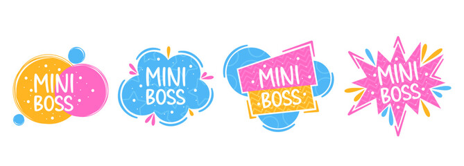 Vibrant Mini Boss Logos In Different Playful Shapes And Colors. Vector Labels For Children Content, Kid-friendly Brand