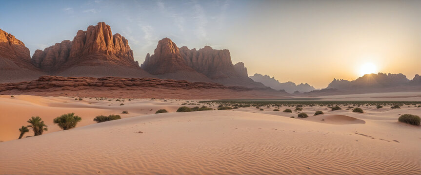 Discover the majestic beauty of Saudi Arabia's ancient Al Ula desert, where rocky mountains meet the golden hour sunset in a touristic destination full of historic landmarks and natural wonders