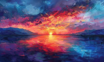 Naklejka premium Vibrant sunset over a calm sea