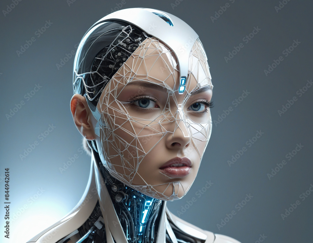 Poster abstract three-dimensional facial ai design rendered in futuristic wireframe polygonal shapes
