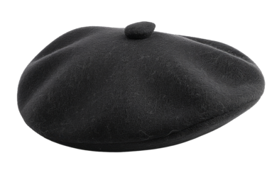 Black french cap beret side view isolated on white