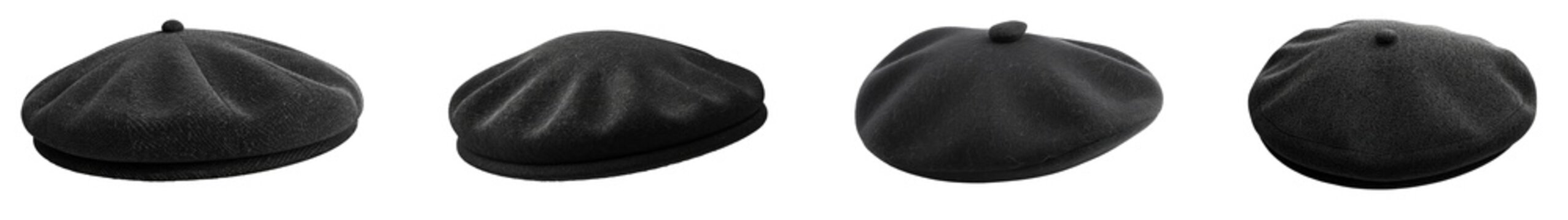 Black french cap beret side view isolated on white