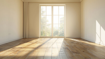 Fototapeta premium Empty living room with sunlight, wooden floor, white wall. Repair. Background.