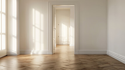 Empty living room with sunlight, wooden floor, white wall. Repair. Background.