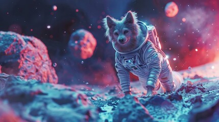 Futuristic canine explorer in a silver spacesuit, walking on a glowing alien landscape with floating asteroids