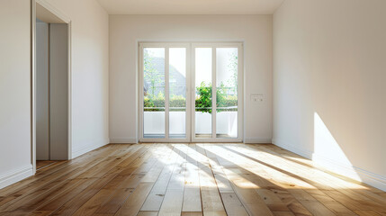 Fototapeta premium Empty living room with sunlight, wooden floor, white wall. Repair. Background.