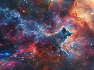 Silverclad space dog exploring a vibrant nebula, with shimmering celestial bodies all around