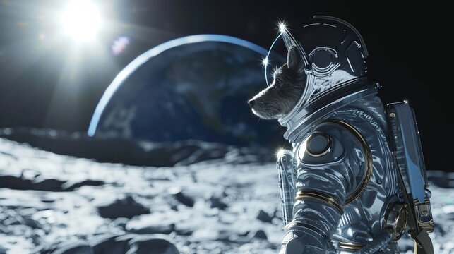 Space dog in a hightech silver spacesuit, standing on a lunar surface with Earth shining in the background