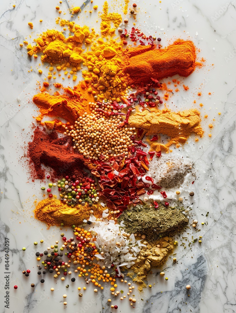 Poster a close-up view of various spices scattered on a white marble surface. generative ai