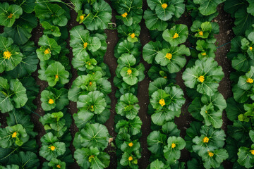 Aerial view of a garden with rows of zucchini plants featuring lush green leaves and yellow flowers in a sunny setting.. AI generated.