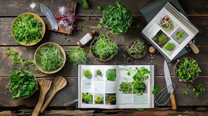 A variety of recipe books and printed recipes featuring microgreens are spread out on a wooden kitchen table. Generative AI