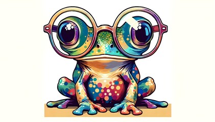 Cartoon colorful frog with sunglasses. Illustration of a smart frog with glasses, ideal for graphics and emotions of intelligence and modernity. Generative AI