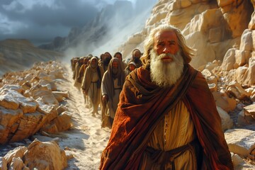 Fototapeta premium Escape from Egyptians: Moses leads Israelites in Exodus through desert