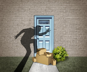 Package robbery and home delivery theft or porch pirate thief stealing packages from a house delivered to a front door as a burglar robbing boxes from a doorstep as a neighborhood Watch.