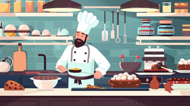 Pastry chef baking flat design front view bakery kitchen animation Complementary Color Scheme