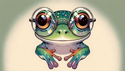Cartoon colorful frog with sunglasses. Illustration of a smart frog with glasses, ideal for graphics and emotions of intelligence and modernity. Generative AI