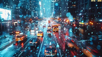 he concept of smart cities with a high-definition, 8K image of AI-controlled traffic systems, showcasing the seamless integration of machine learning in urban environments.