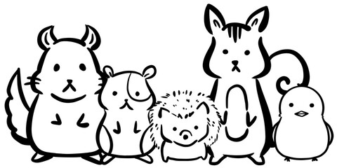 Obraz premium アイコン素材や挿絵に使える黒い線で描いたシンプルで可愛いちんらちハムスターハリネズミリストリのシルエットイラスト