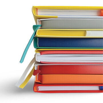 Stack of colorful textbooks with bookmarks peeking out | Isolated on Transparent & White Background | PNG File with Transparency