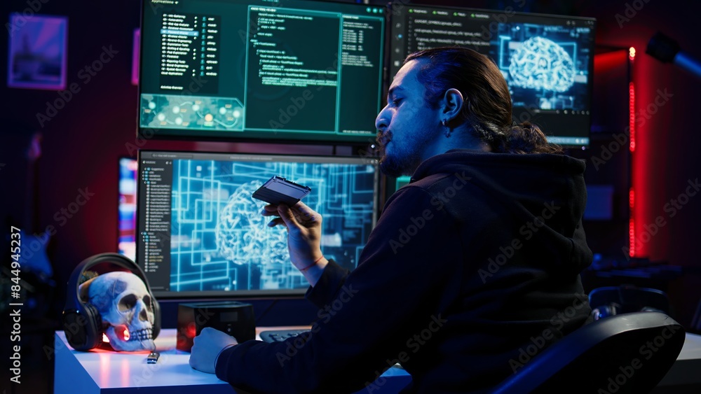 Poster hacker uploading sensitive data from ssd obtained from victim through ransomware virus, close up. sc