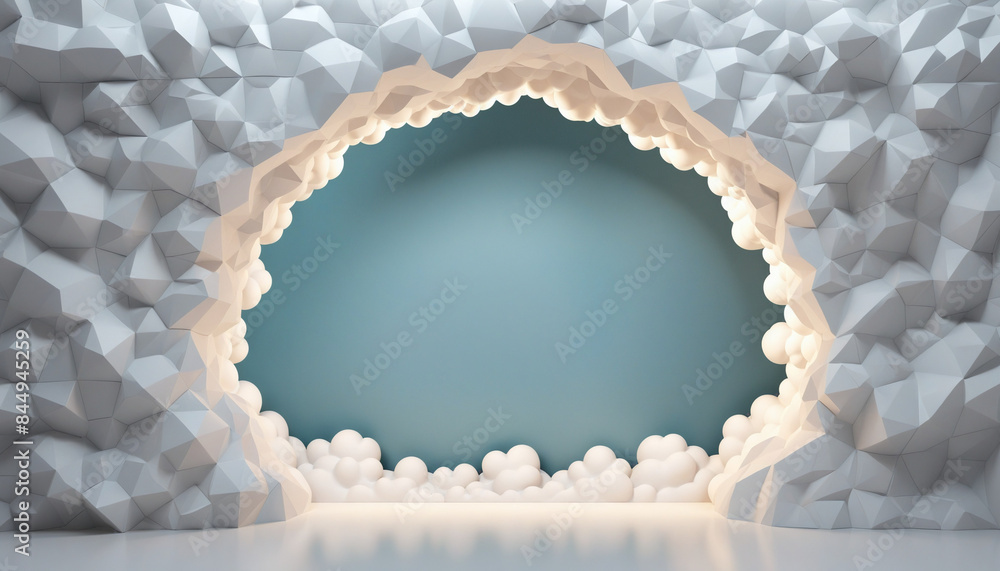 Poster 3d abstract geometric background with a fluffy cloud inside a round arch, perfect for a minimalist w