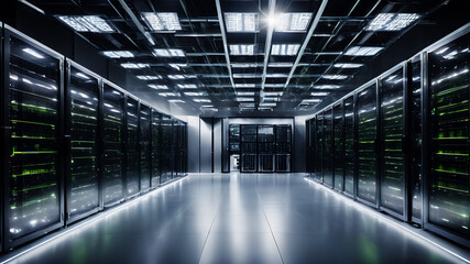 A data center set in a lush, green environment with a sustainable energy source. Solar panels, wind turbines, and a hydroelectric system are integrated seamlessly into the building's design. Inside, e