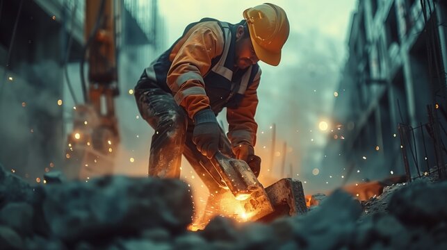 A construction worker uses a jackhammer to break up concrete during demolition