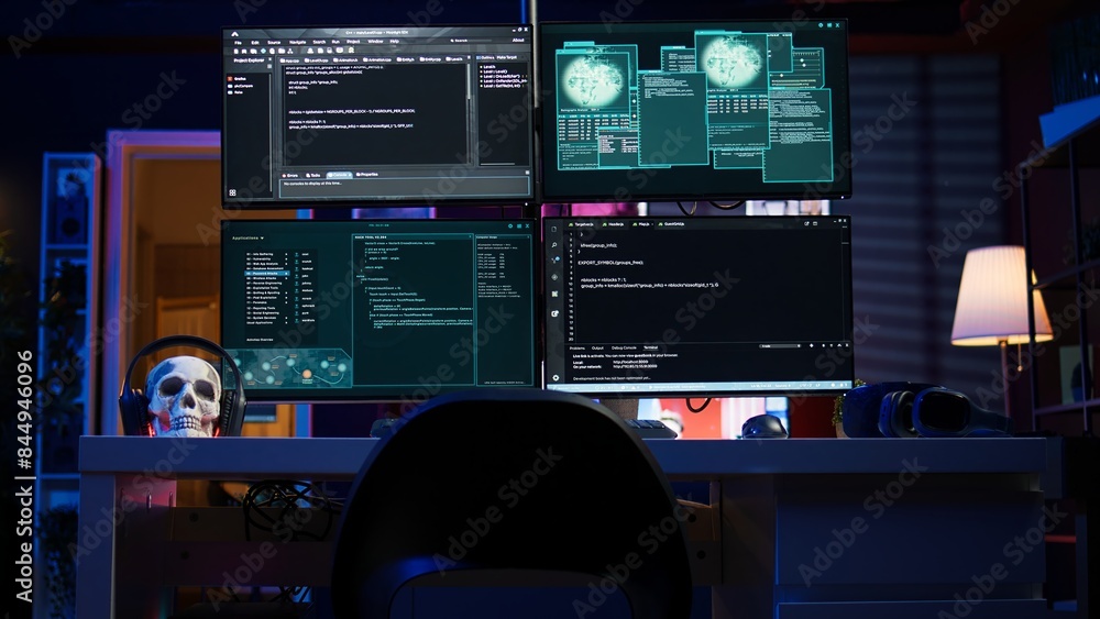 Poster panning shot of high tech computer system running malicious code in empty apartment. pc monitors in 