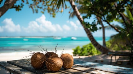 Summer picture featuring coconuts on a table with a view of the ocean