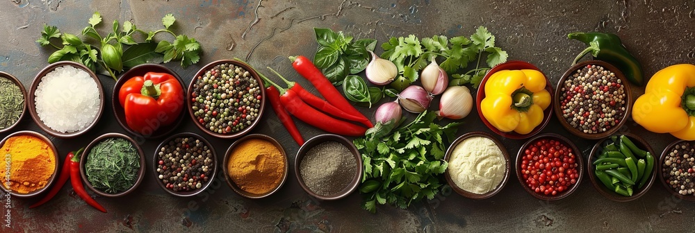 Poster a flat lay image of fresh vegetables and spices arranged on a kitchen table. generative ai