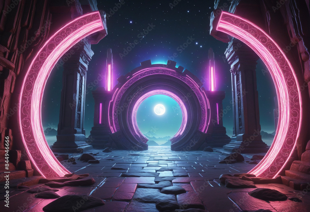 Poster abstract circular gate to a surreal galaxy of ancient stone and cosmic light: the creative adventure