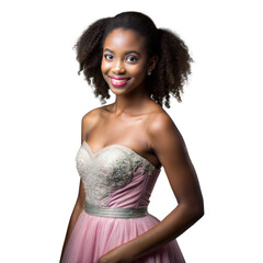 Fototapeta premium Smiling woman in elegant pink dress on transparent background