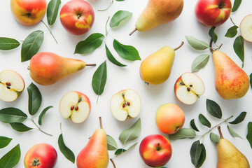 Obraz premium Fresh Apples and Pears with Leaves on White