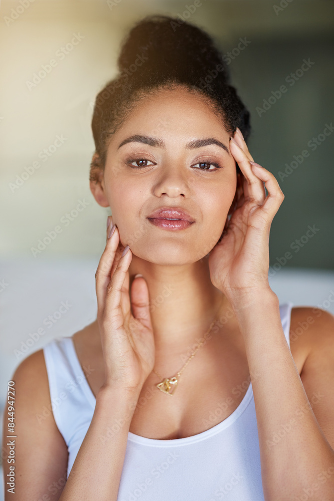 Sticker Mexico woman, portrait and skincare in bathroom at home for routine, cleaning or natural beauty. Female person, smile and confident in restroom with natural glow, shine and touching face in apartment