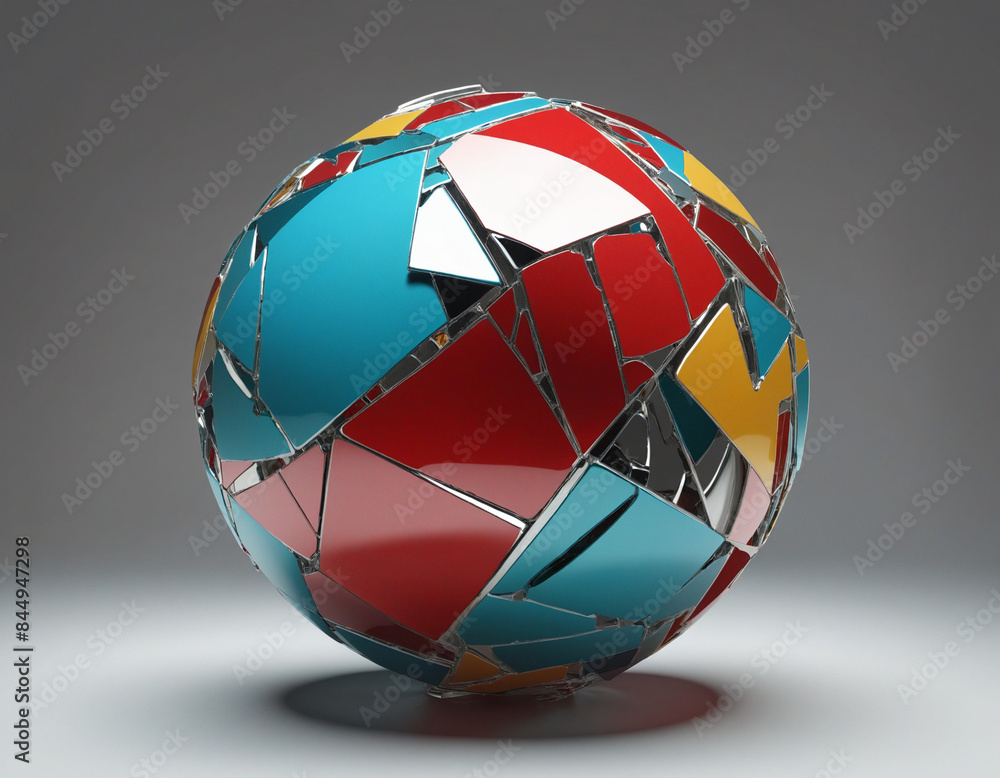 Poster abstract three-dimensional sphere design with fractured geometric structure and vibrant colors