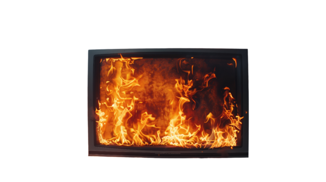 TV on fire on transparent background 