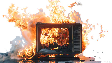 TV on fire on transparent background 