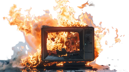 TV on fire on transparent background 
