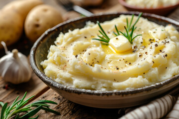 A close-up of mashed potatoes with butter melting on top, served in a white bowl on a rustic table.. AI generated.
