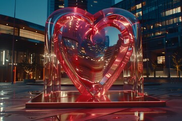 Heart shaped sculpture with glowing lights in an urban setting, evoking romance and modernity with a touch of elegance
